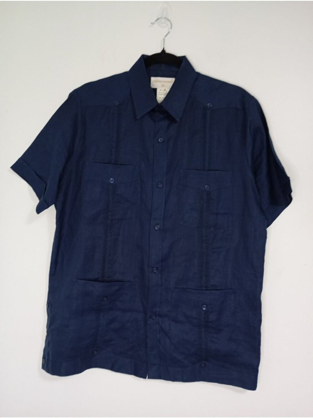 Charles Monsieur Mens Navy Blue 100% Linen Button-Up Short Sleeve Shirt Size S
